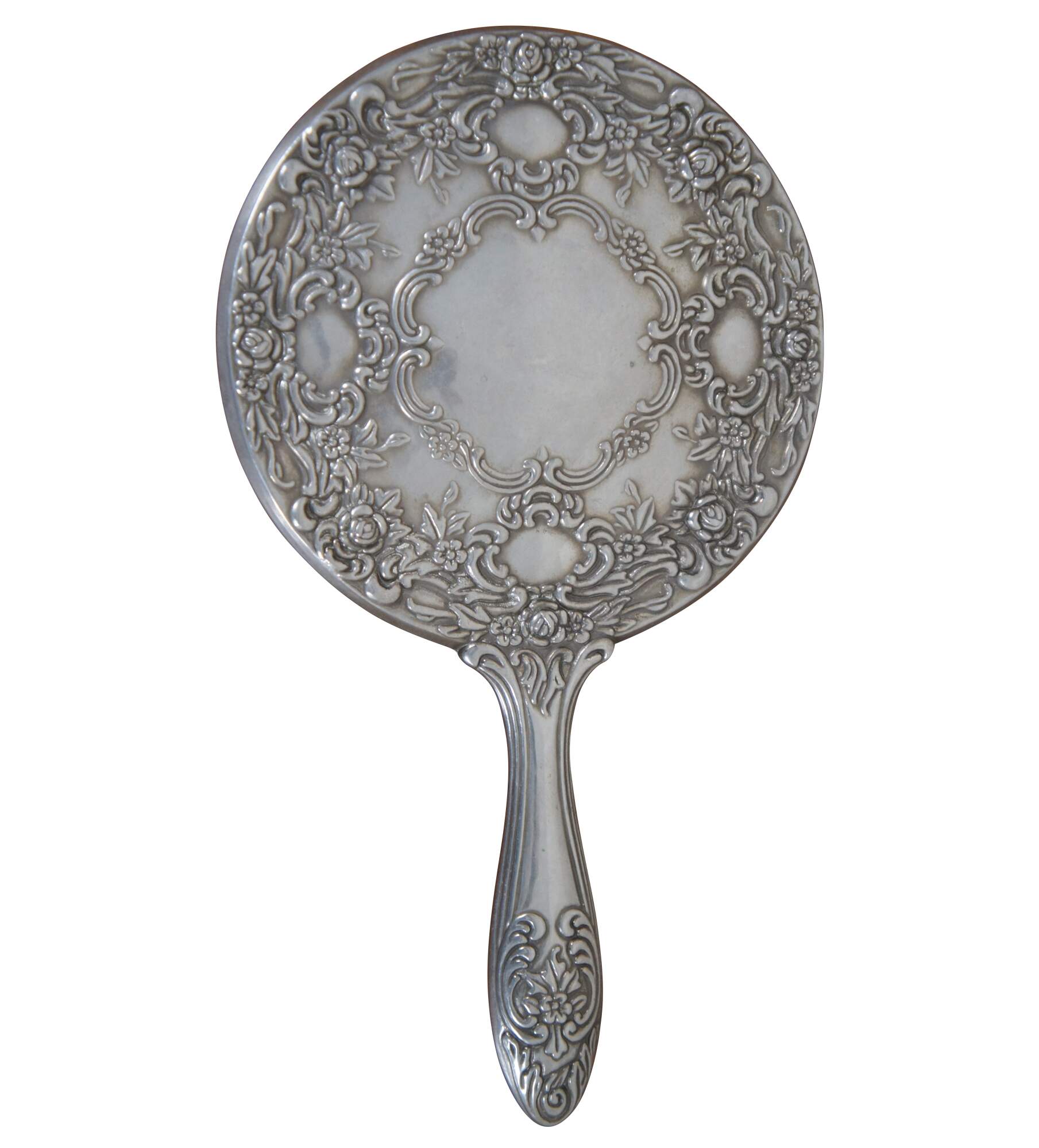 Antique Victorian Silver & Glass Hand Mirror Ornate Repousse Foliate 9"