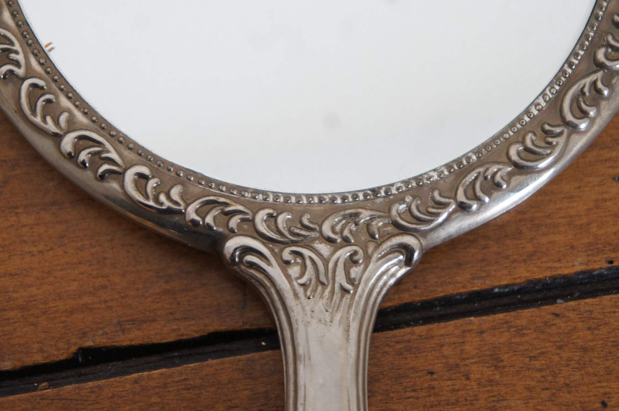 Antique Victorian Silver & Glass Hand Mirror Ornate Repousse Foliate 9"