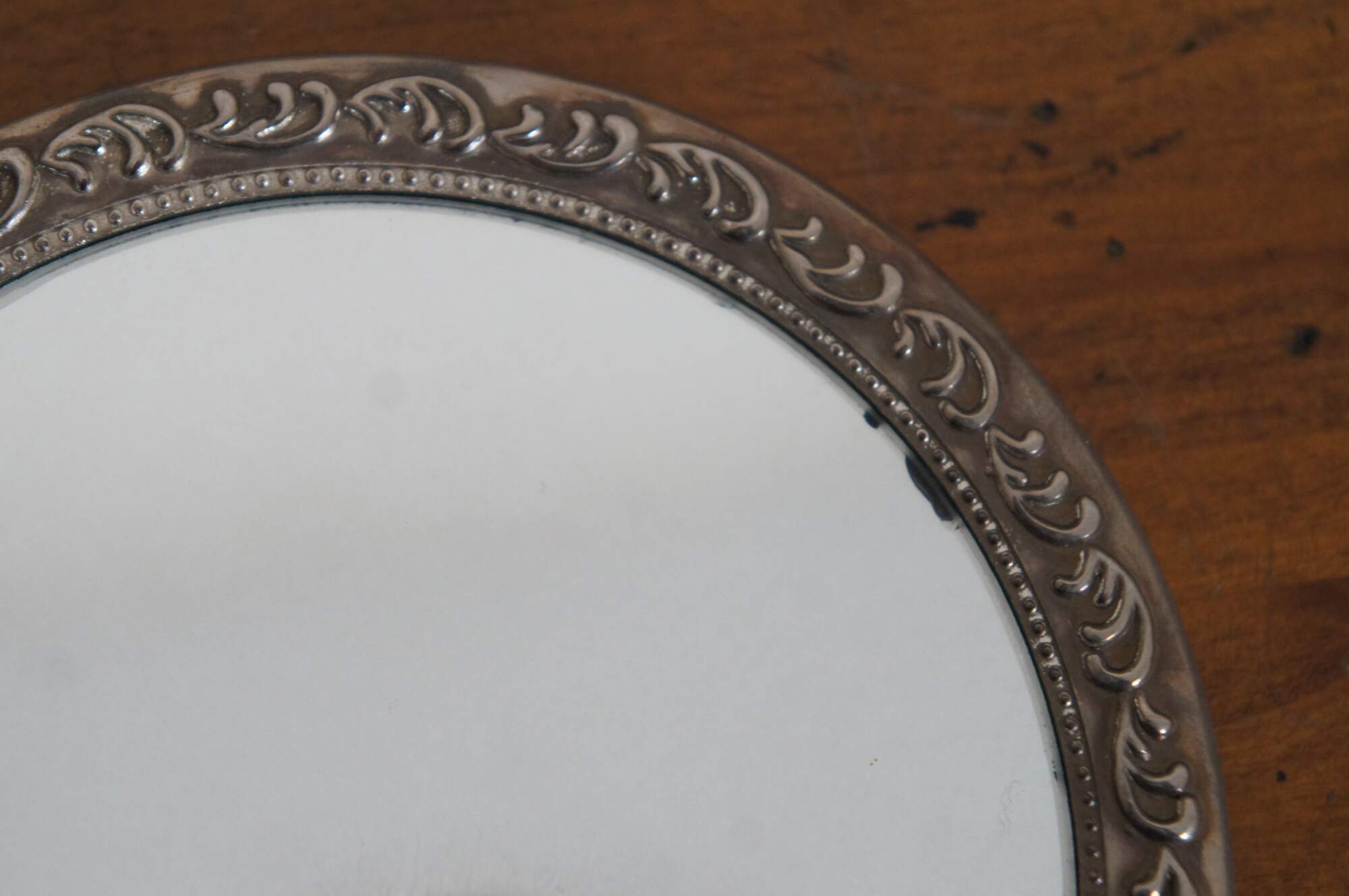 Antique Victorian Silver & Glass Hand Mirror Ornate Repousse Foliate 9"