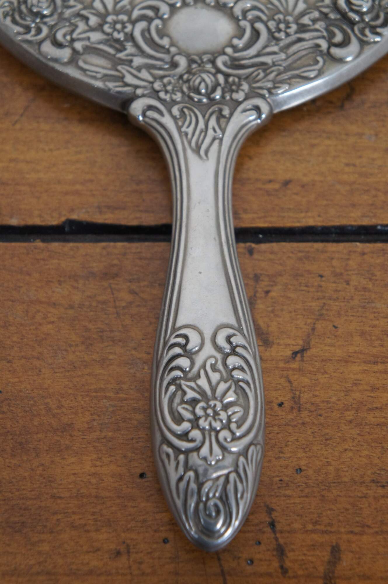 Antique Victorian Silver & Glass Hand Mirror Ornate Repousse Foliate 9"