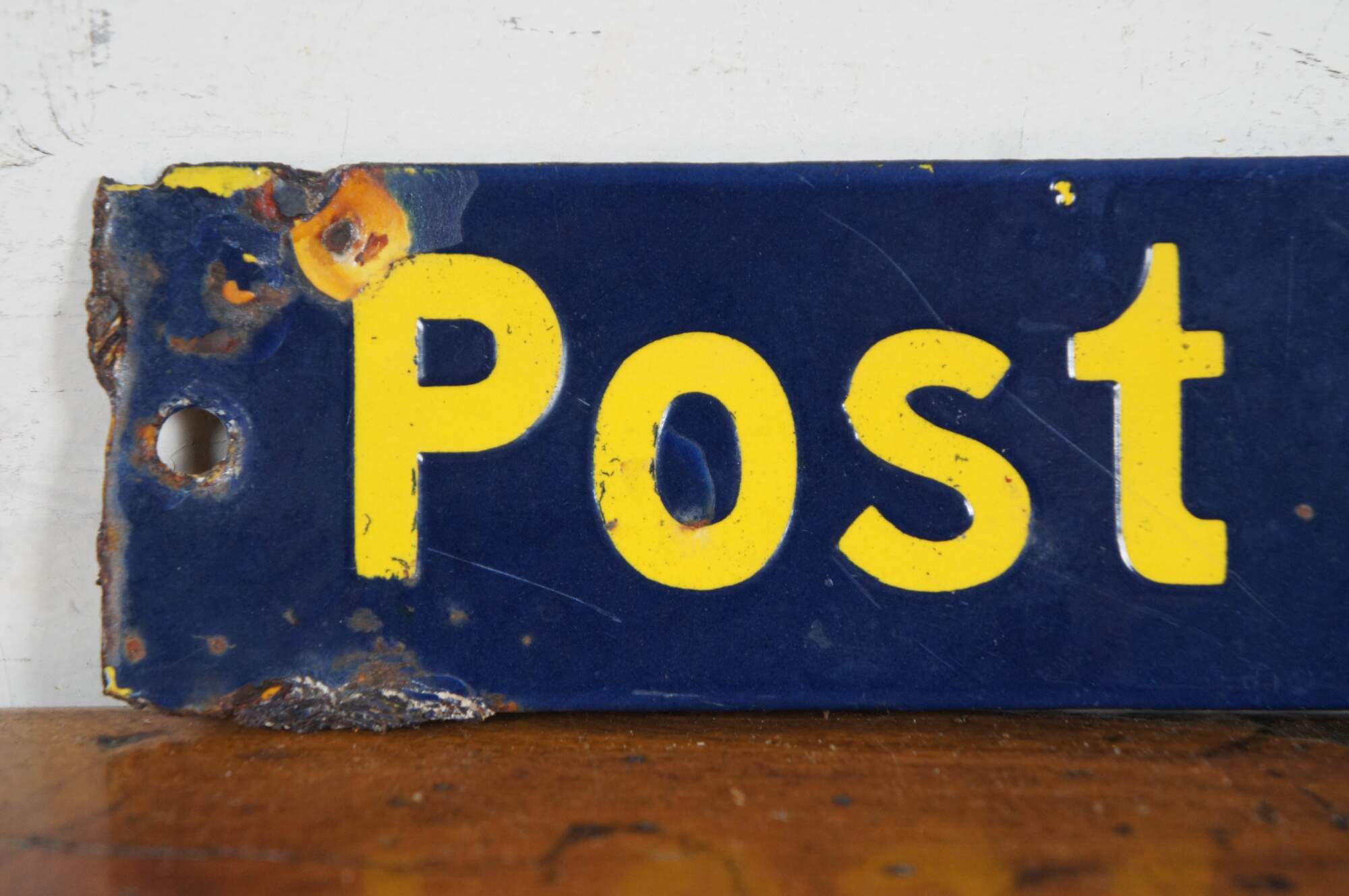 antique-enameled-porcelain-metal-sign-post-no-bills-blue-yellow-painted