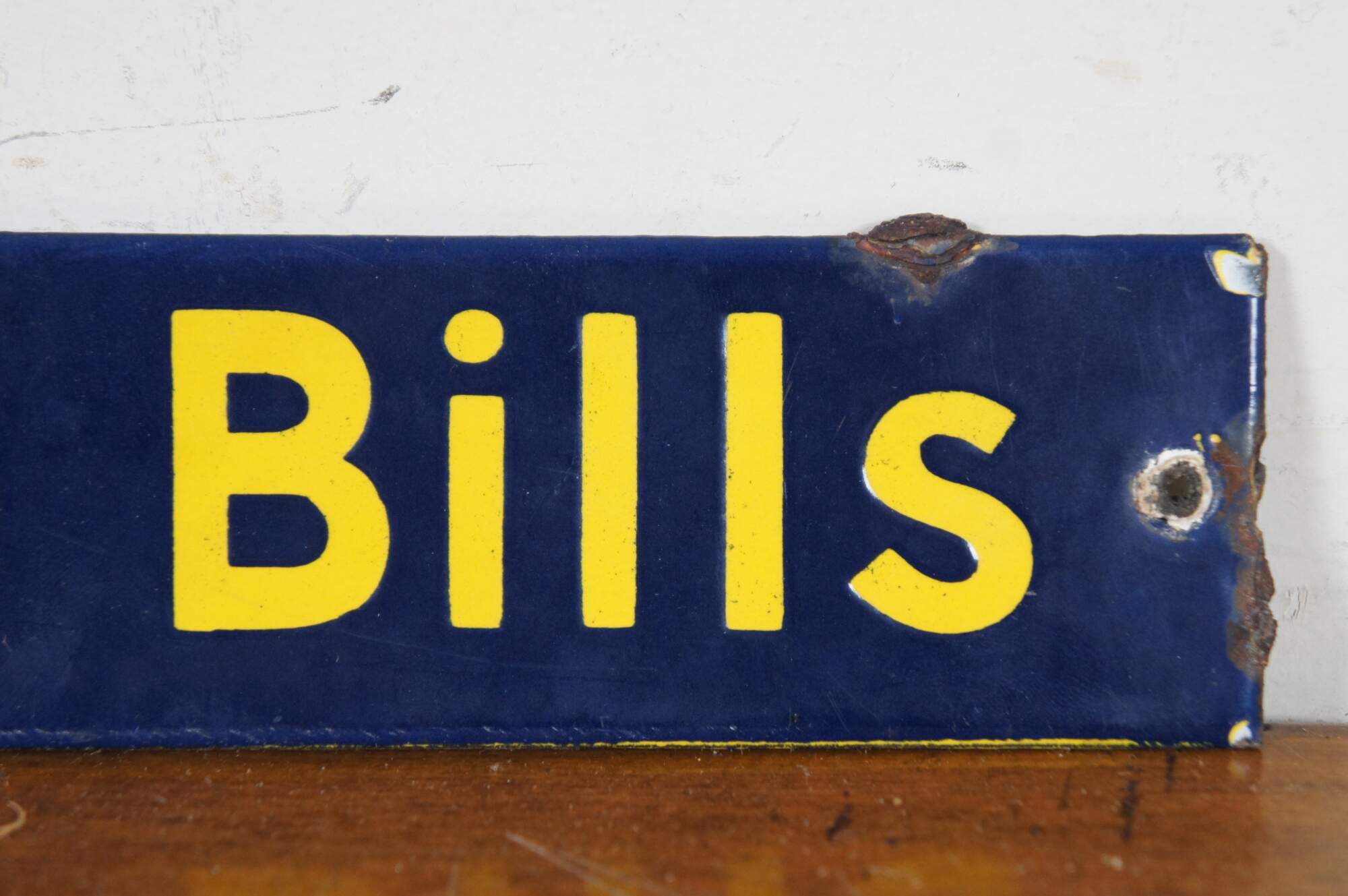 Antique Enameled Porcelain Metal Sign Post No Bills Blue Yellow Painted antique-enameled-porcelain-metal-sign-post-no-bills-blue-yellow-painted
