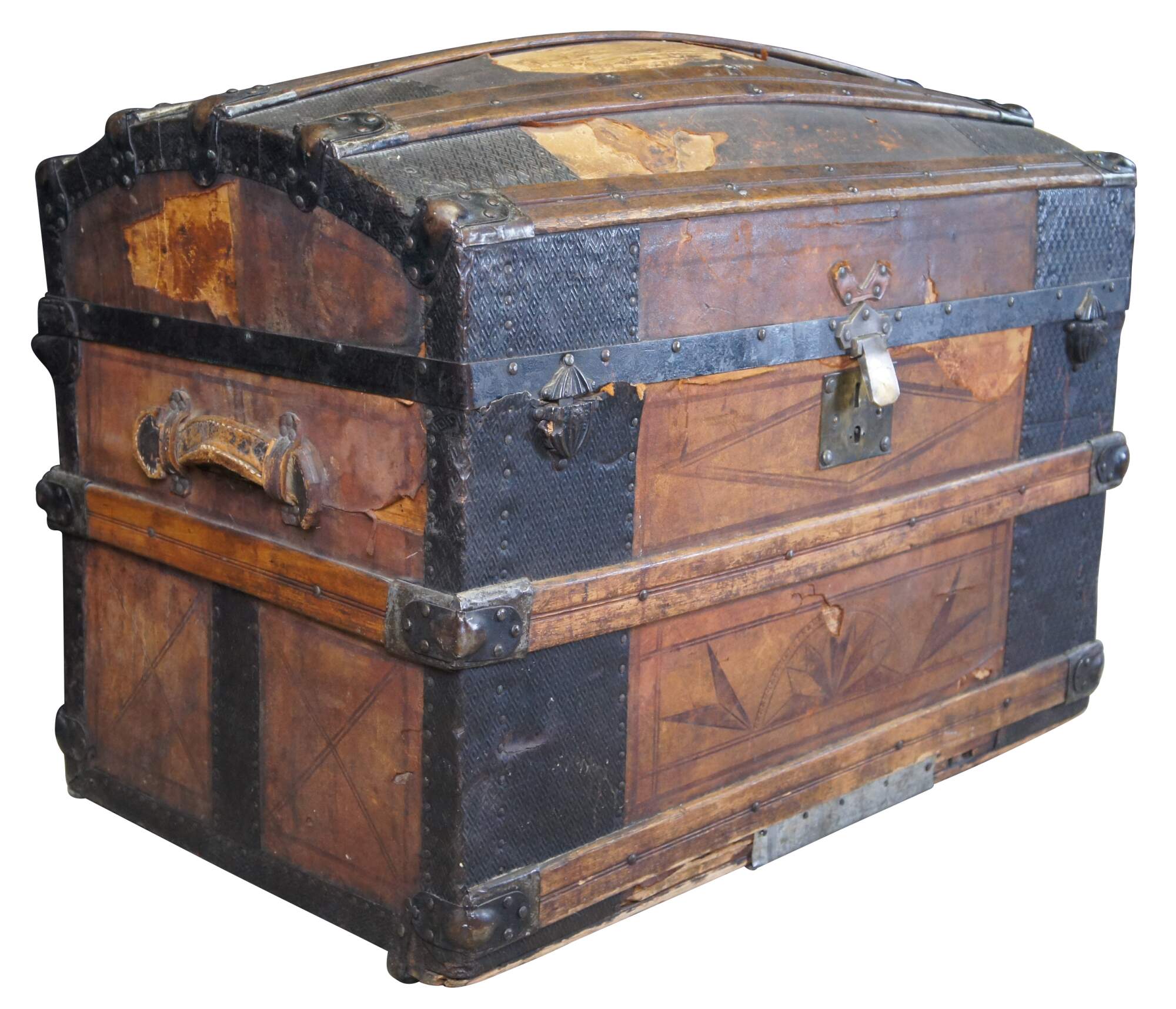 Antique 19th Century Victorian Tooled Leather & Oak Dome Top Steamer Trunk  Chest