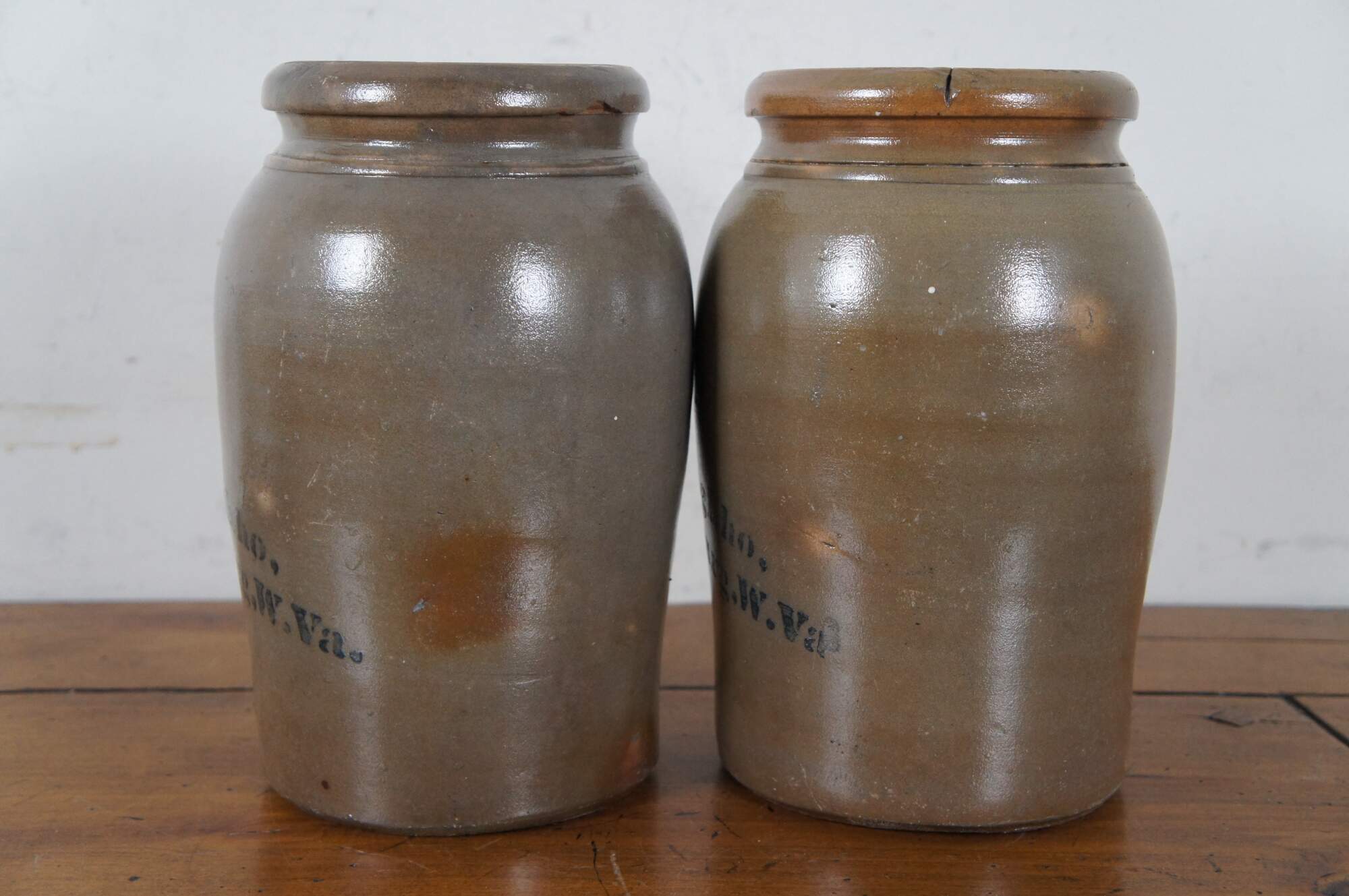 2 Antique AP Donaghho Salt Glaze Cobalt Stoneware Crocks Canning Jars 11"
