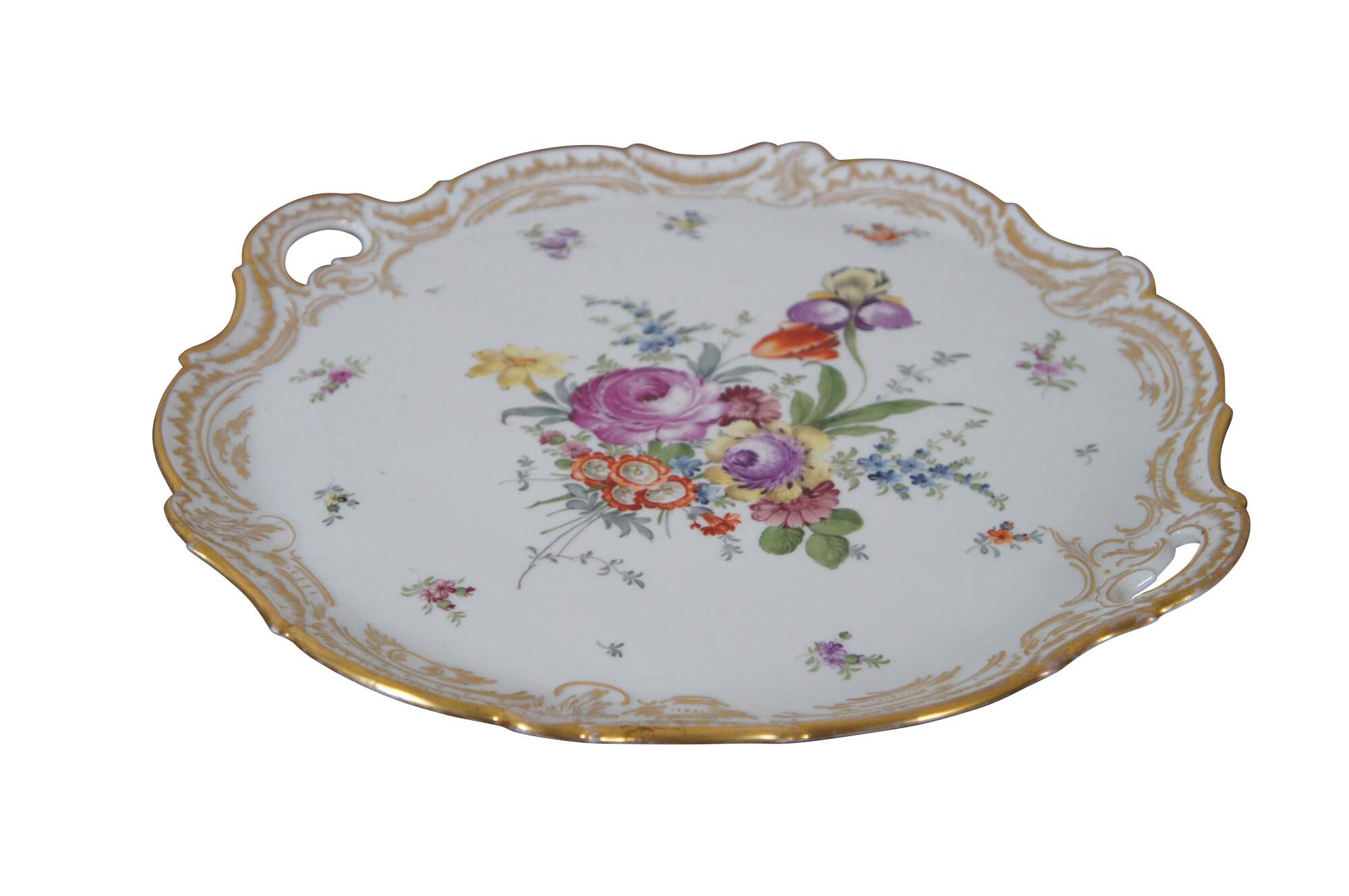 Antique German Dresden Scalloped Floral Porcelain Handled Tray Platter 16