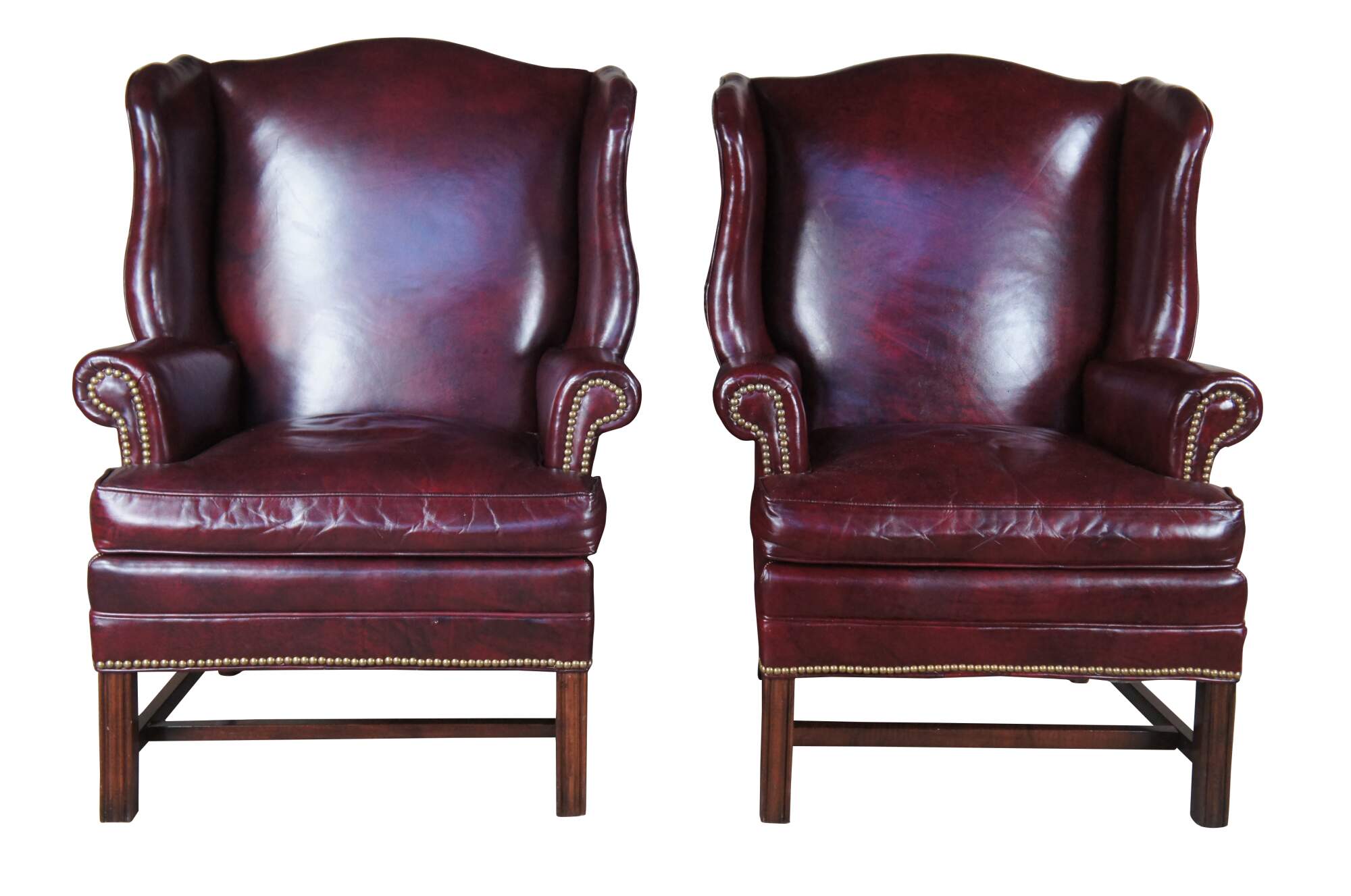 Bracewell Burgundy Leather Nailhead Wingback Library Club Lounge Arm Chairs