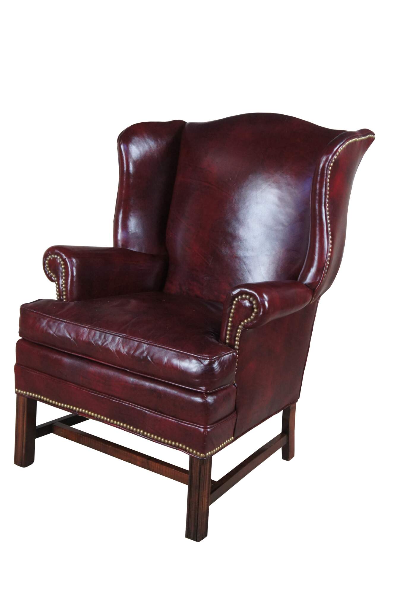 Bracewell Burgundy Leather Nailhead Wingback Library Club Lounge Arm Chairs