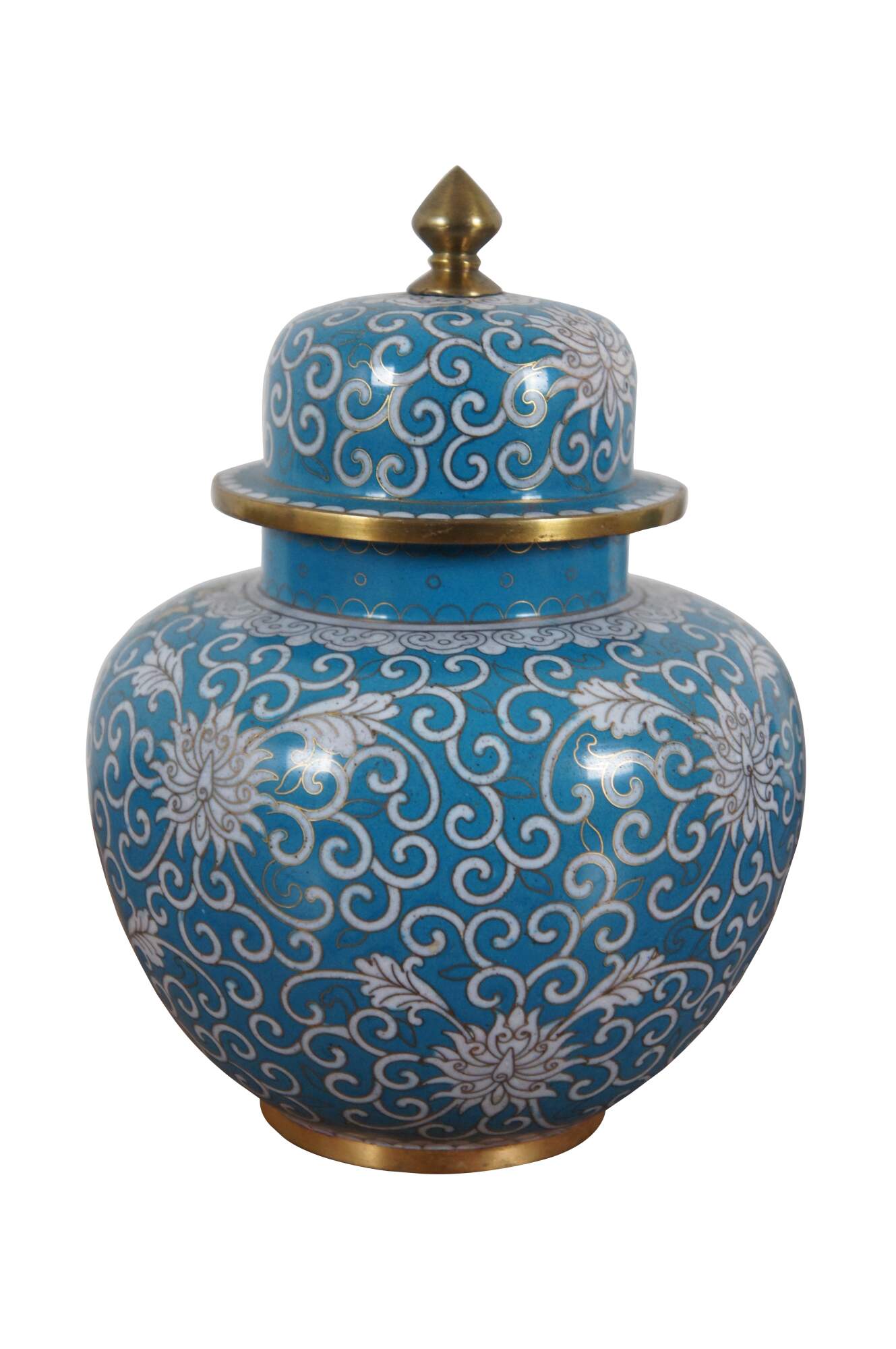 2 Antique Turquoise Cloisonné Chrysanthemums Lidded Ginger Jar Vase Urn ...