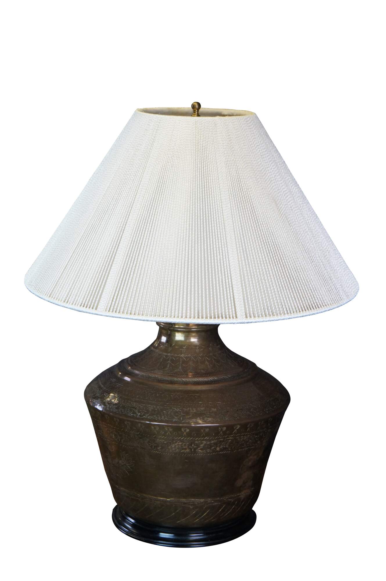 Antique Turkish Floral Bird Etched Dovetailed Brass Vase Urn Table Lamp 26"